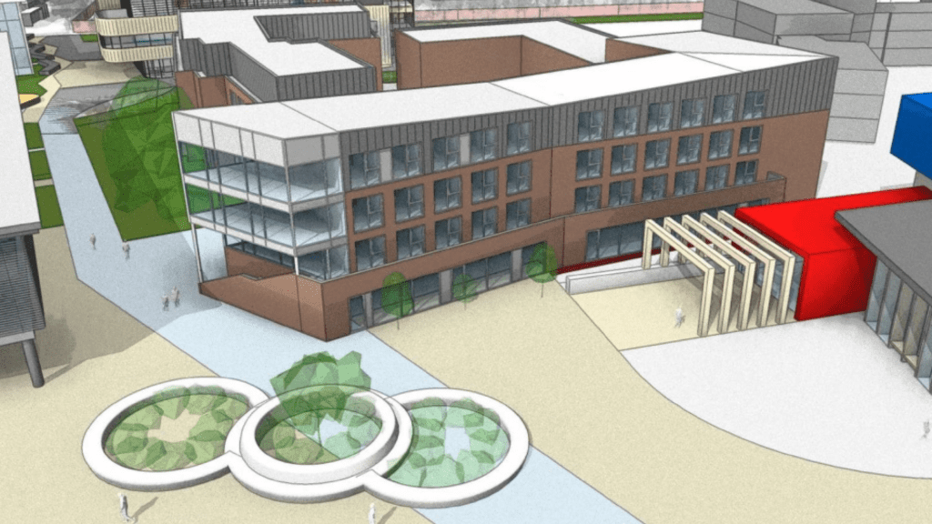 An artist's impression of the proposed new Students' Union building and accommodation at Edge Hill University.