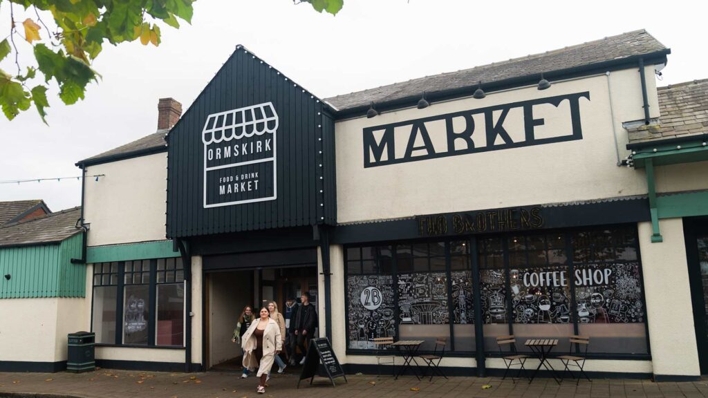 Ormskirk Food and Drink Market with students at the entrance