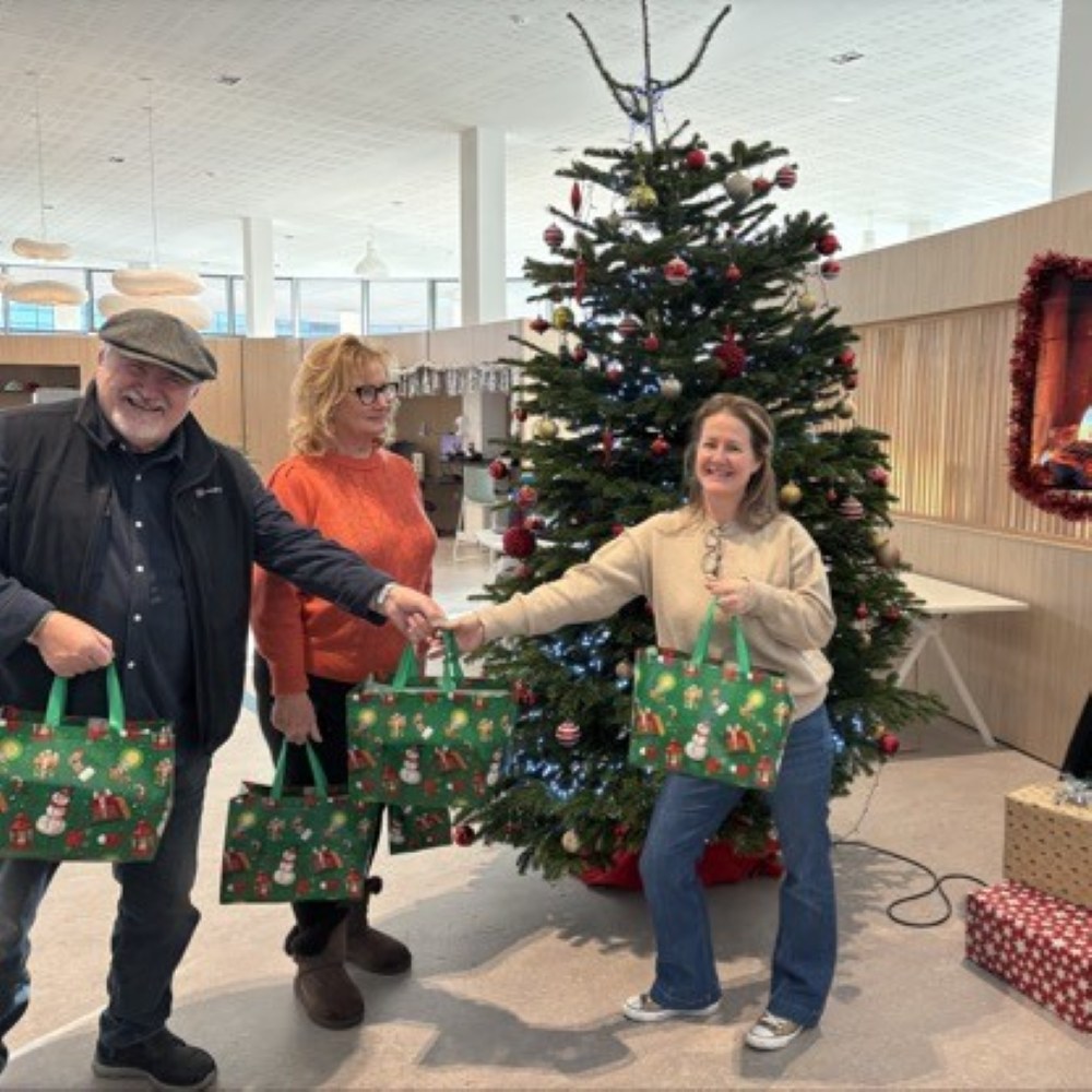 Three people in front of a Christmas tree, one person is receiving hampers being given to her.