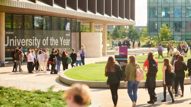 University fair with prospective students having a look around campus at Edge Hill